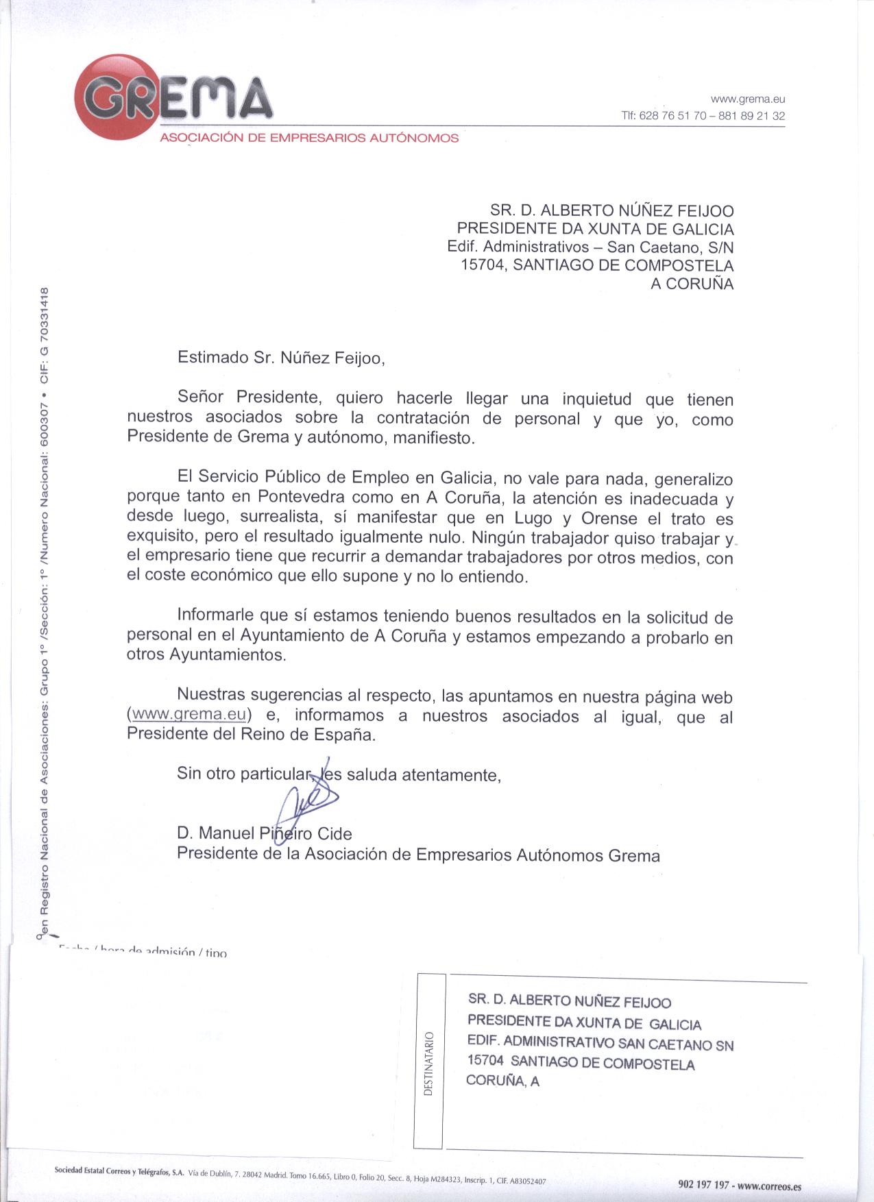 Carta al Presidente de la Xunta de Galicia